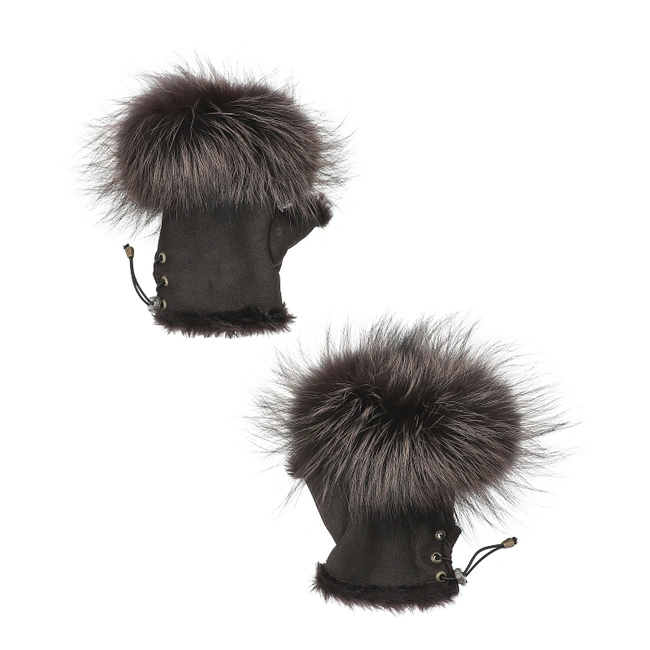 Bezprsté Rukavice LUKA-PELLI - Rękawiczki Bez Palców Z Naturalnym Futrem Jenot Czekolada