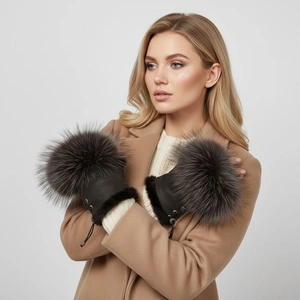 Bezprsté Rukavice LUKA-PELLI - Rękawiczki Bez Palców Z Naturalnym Futrem Jenot Czekolada